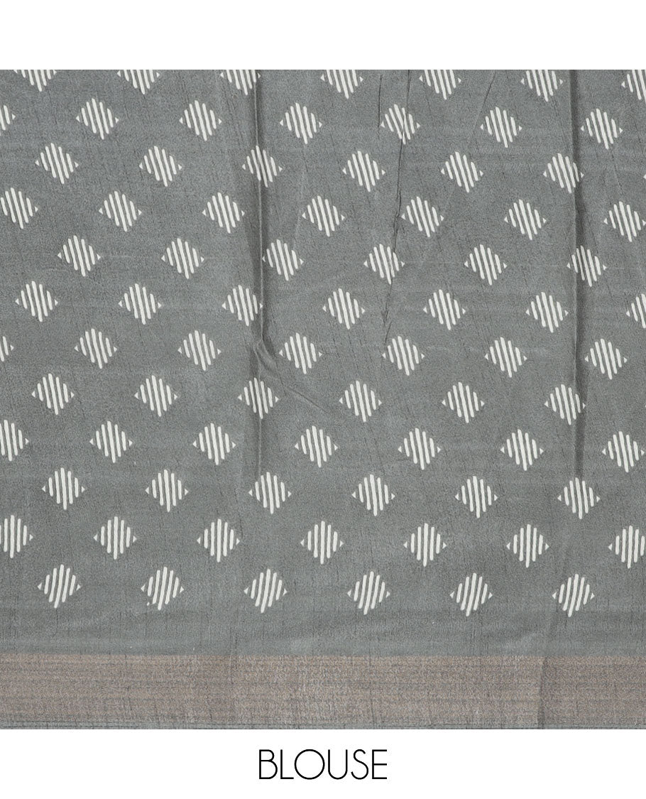 Grey geometric printed semi-banaras dola saree, sequins striped border