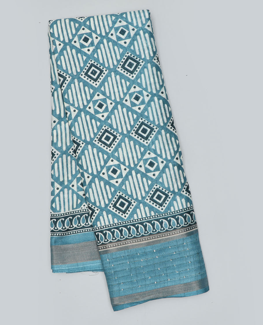 Blue geometric printed semi-banaras dola saree, sequins striped border