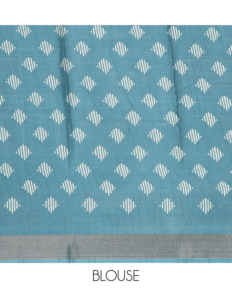 Blue geometric printed semi-banaras dola saree, sequins striped border