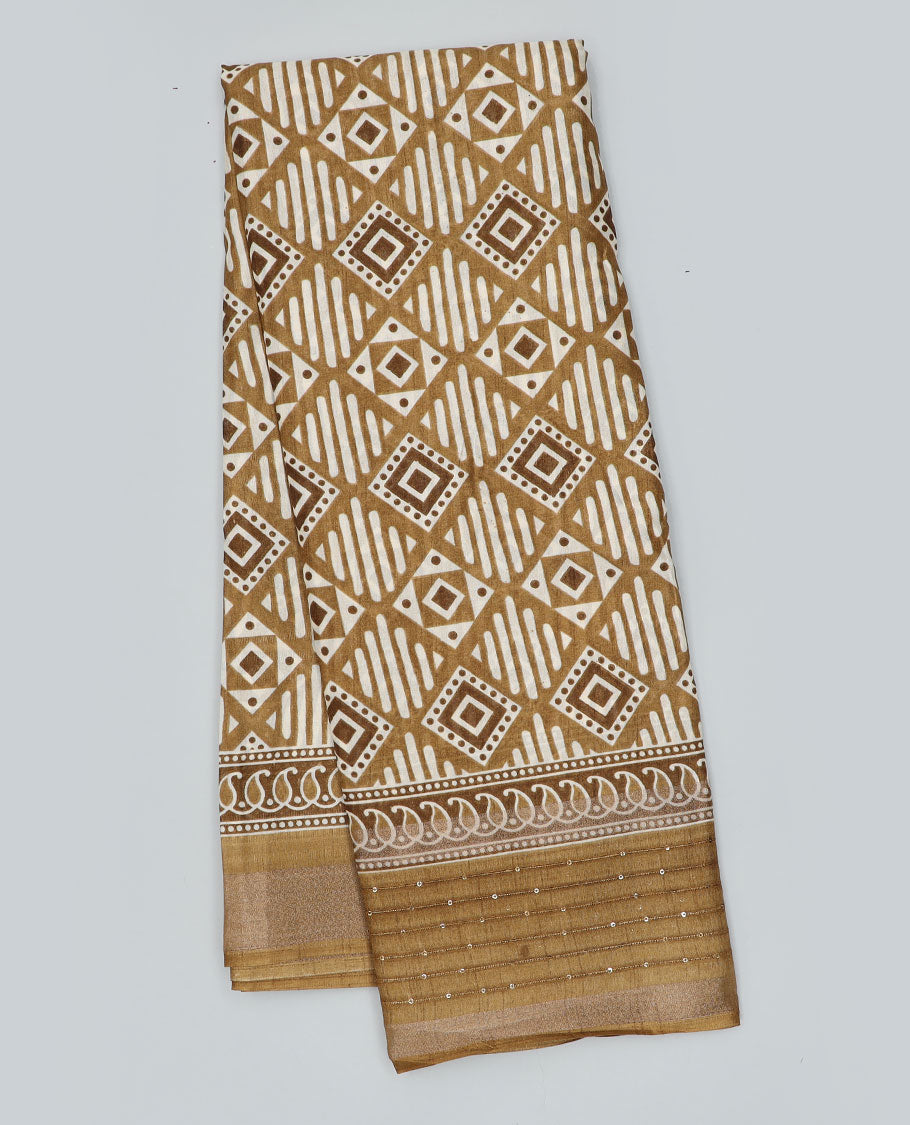 Mustard geometric printed semi-banaras dola saree, sequins striped border