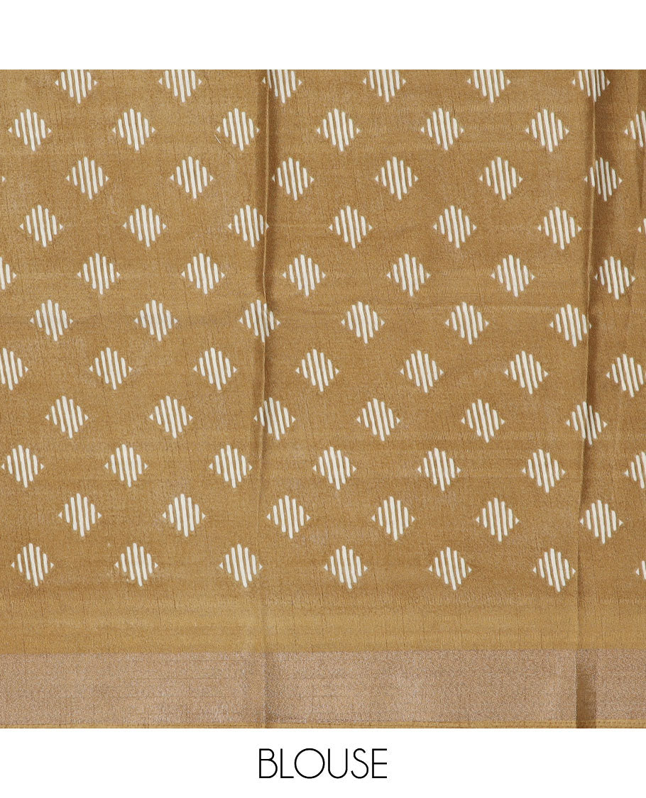 Mustard geometric printed semi-banaras dola saree, sequins striped border