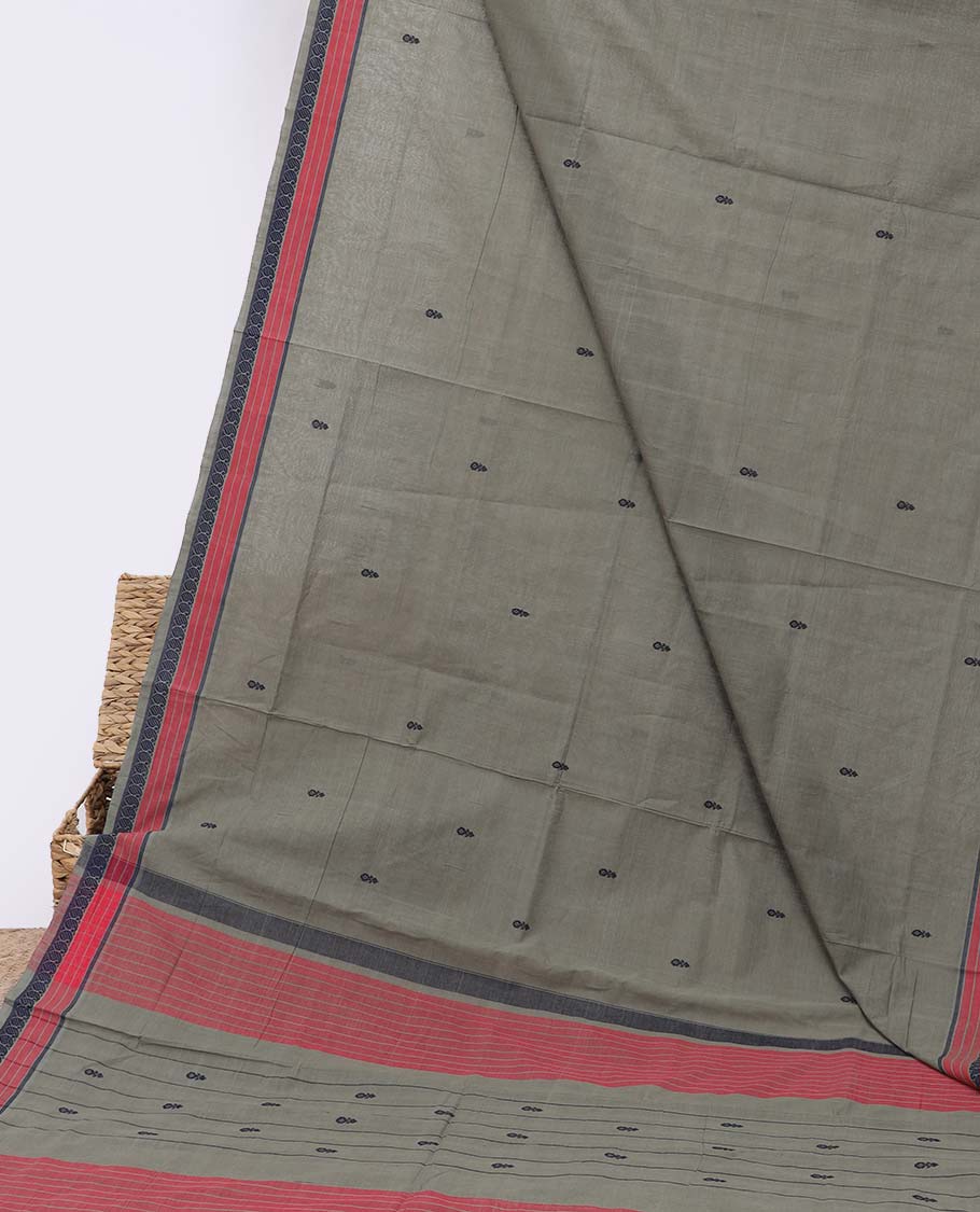 Grey Andhra cotton saree with buttas, traditional design border & striped pallu