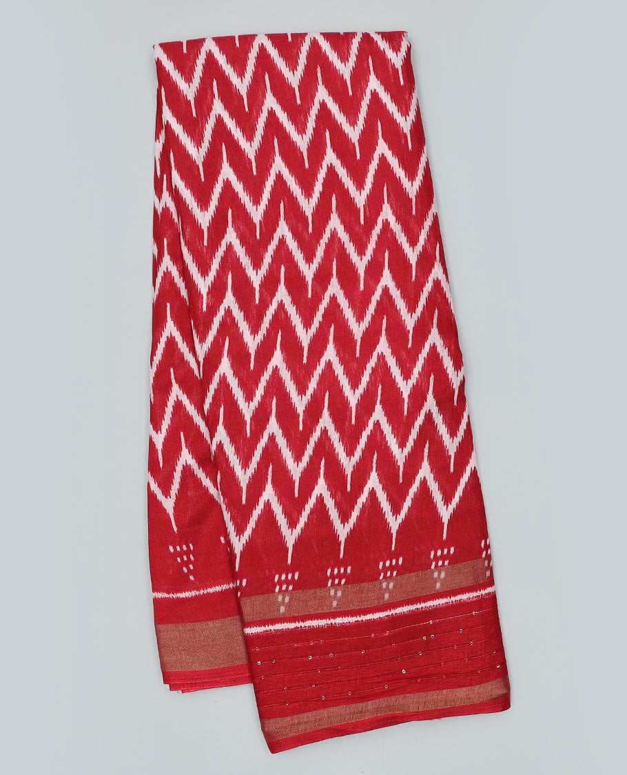 Red chevron printed semi-banaras dola saree, sequins striped border