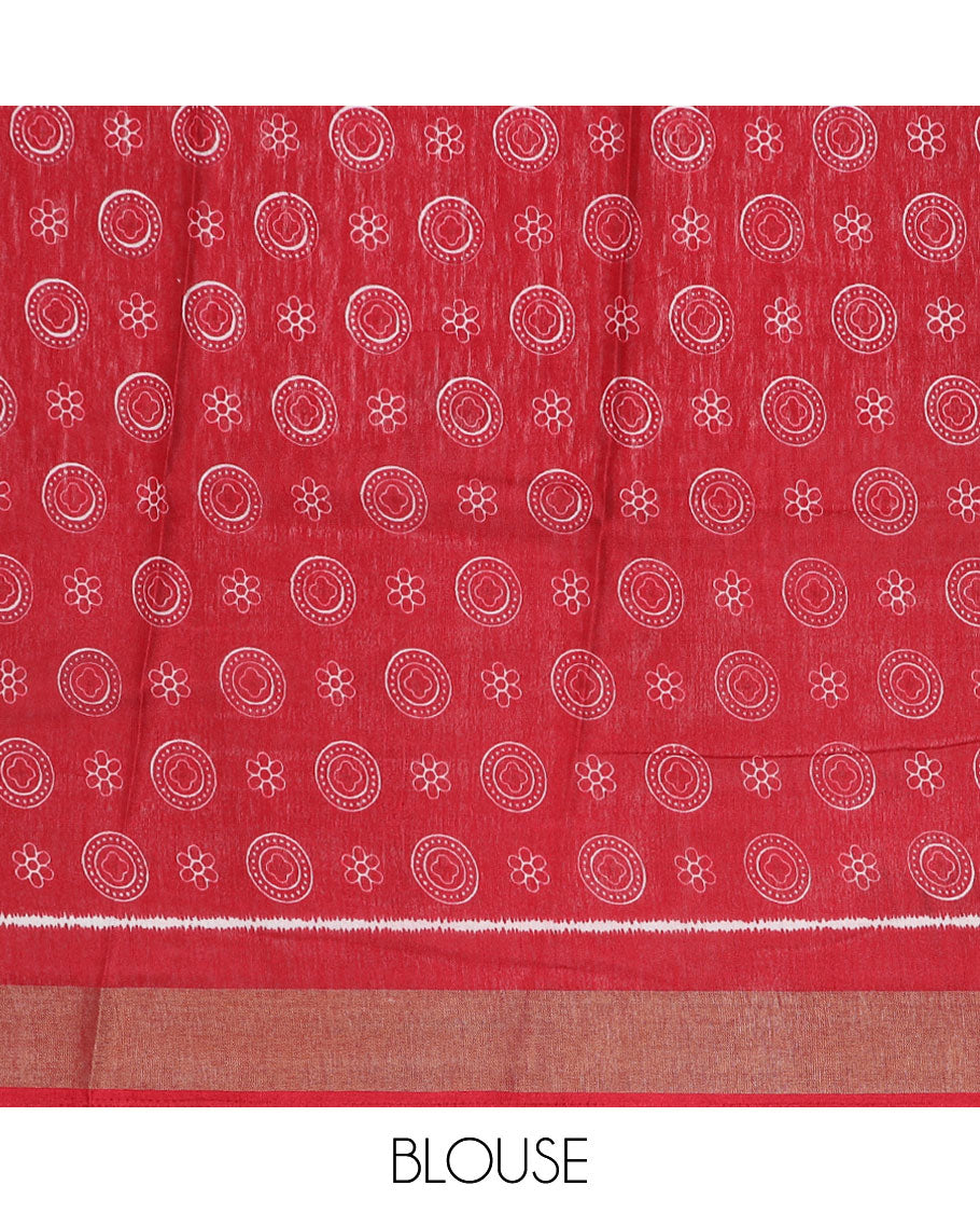 Red chevron printed semi-banaras dola saree, sequins striped border