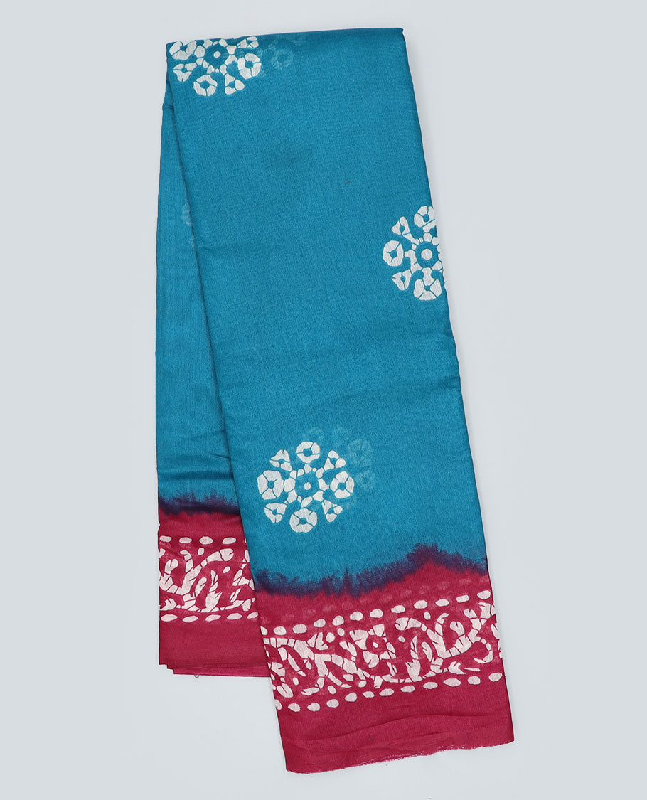 Blue batik-style motifs printed semi-banaras dola saree, contrast batik-printed border