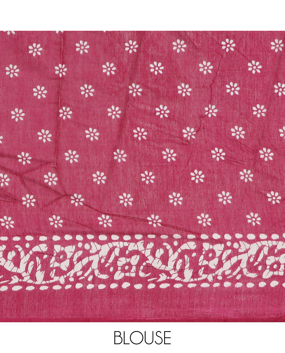 Blue batik-style motifs printed semi-banaras dola saree, contrast batik-printed border