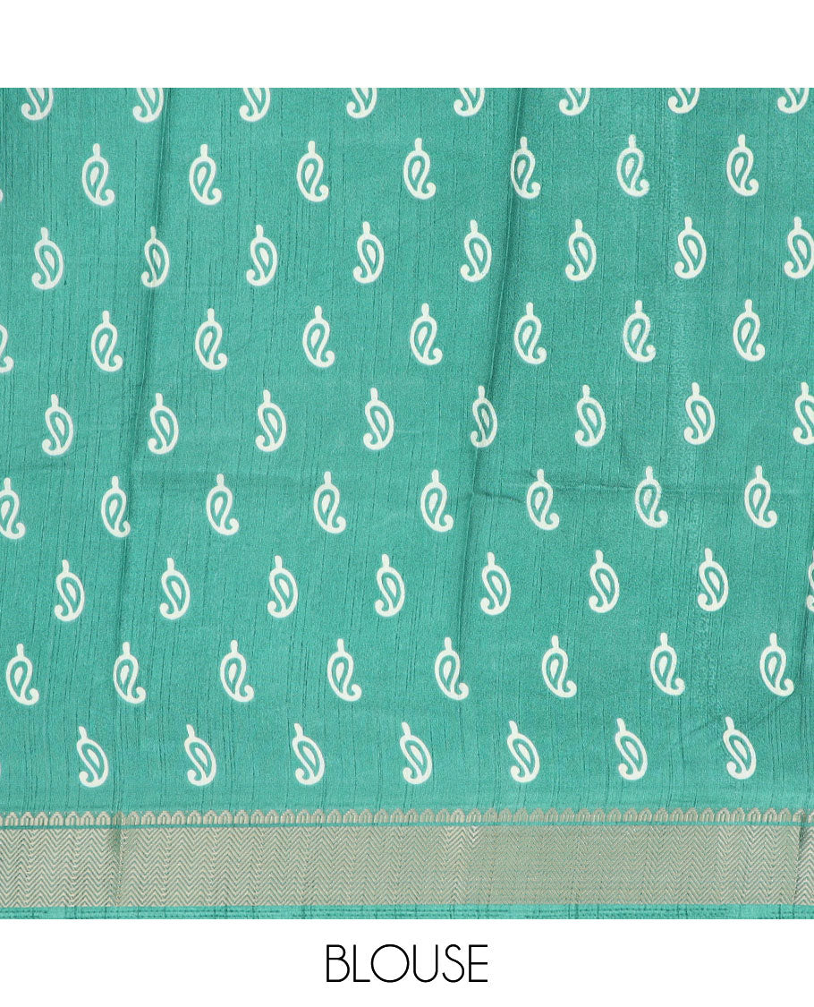 Blue paisley printed semi-banaras dola saree, traditional design border