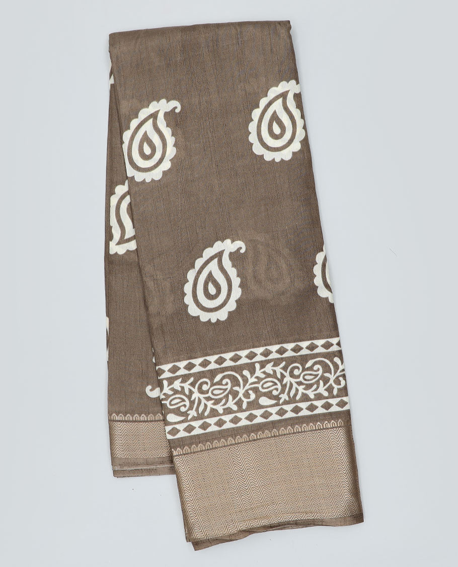 Brown semi-banaras dola saree with paisley motifs, traditional design border