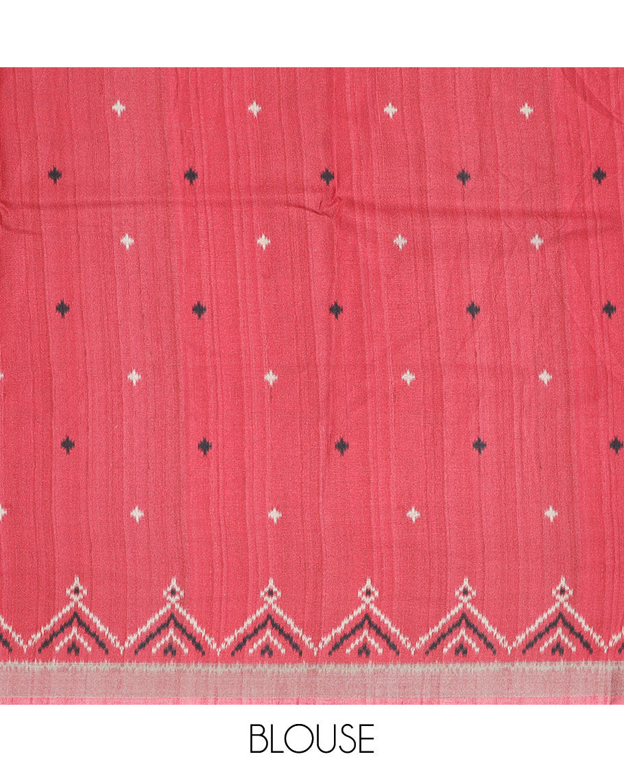Multi-color madhubani-style floral & peacock printed semi-banaras dola saree, contrast ikkat border