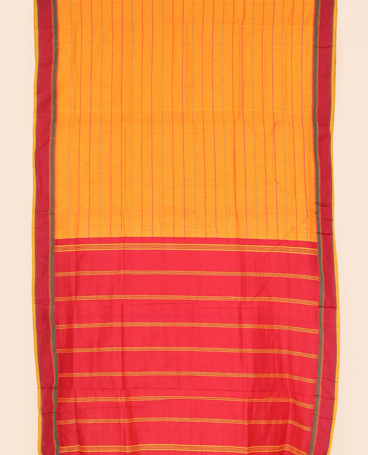 Yellow striped nine yards cotton saree, contrast border & pallu of stripes