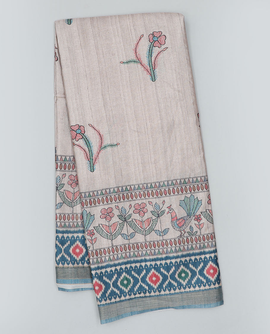 Grey madhubani-style printed semi-banaras dola saree, contrast ikkat design border