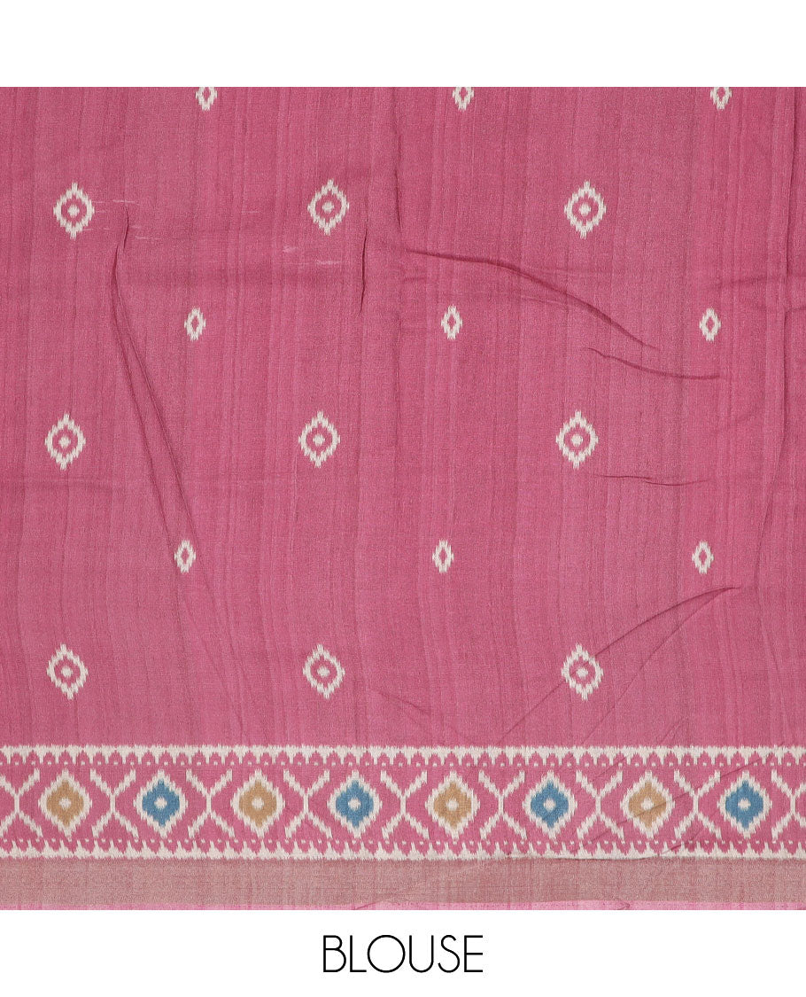 Grey madhubani-style printed semi-banaras dola saree, contrast ikkat design border