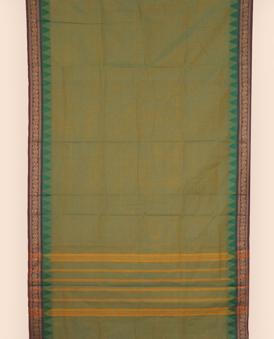 Green plain nine yards cotton saree, contrast traditional border & pallu of stripes