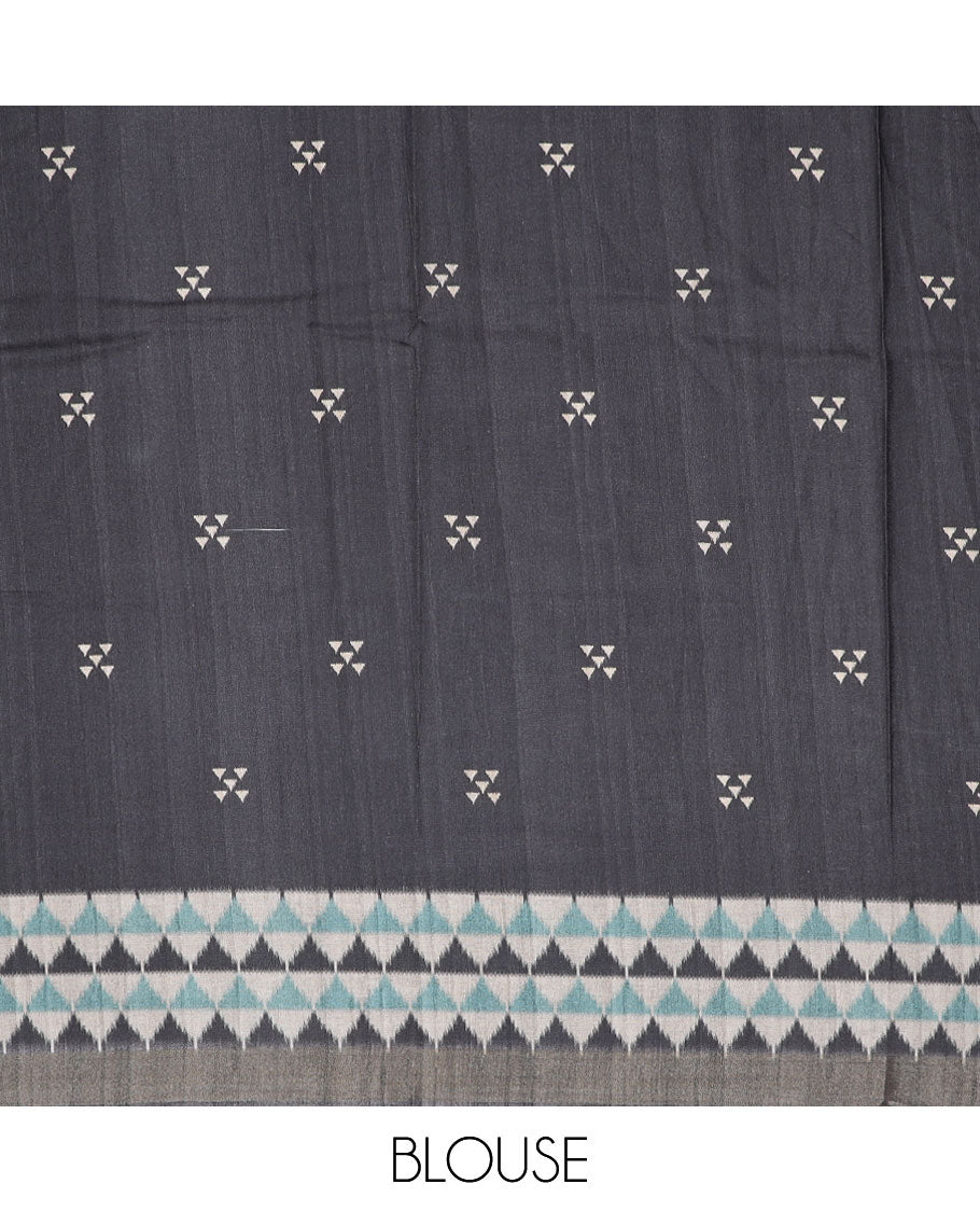 Multi-color madhubani-style floral & peacock printed semi-banaras dola saree, contrast ikkat border