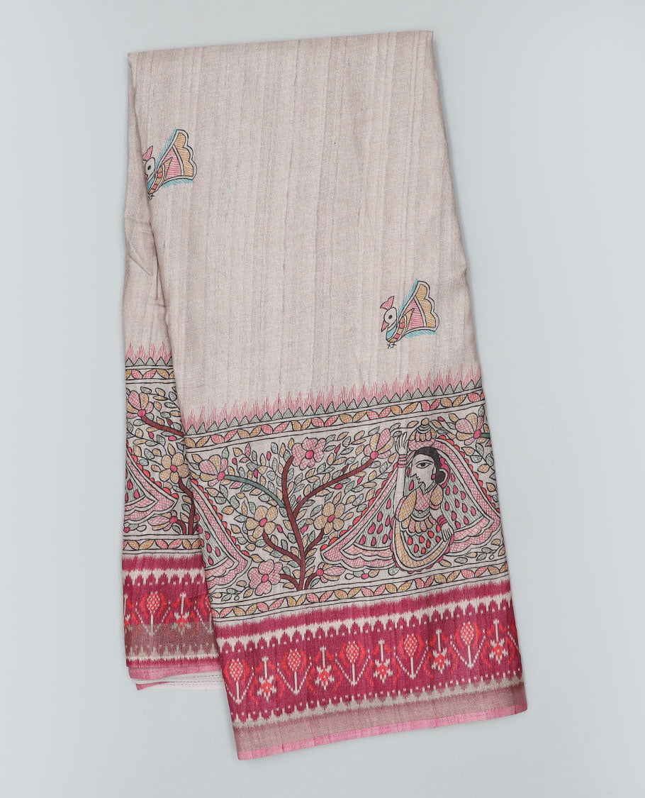 Grey madhubani-style human figurines & peacock printed semi-banaras dola saree, contrast ikkat border
