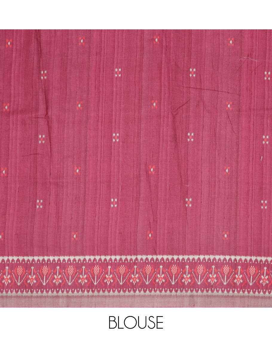 Grey madhubani-style human figurines & peacock printed semi-banaras dola saree, contrast ikkat border