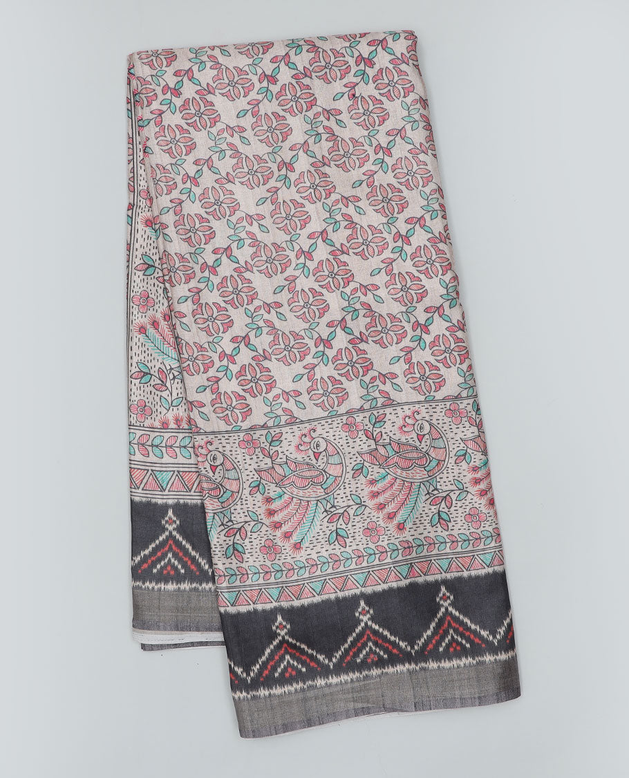 Multi-color madhubani-style floral & peacock printed semi-banaras dola saree, contrast ikkat black border