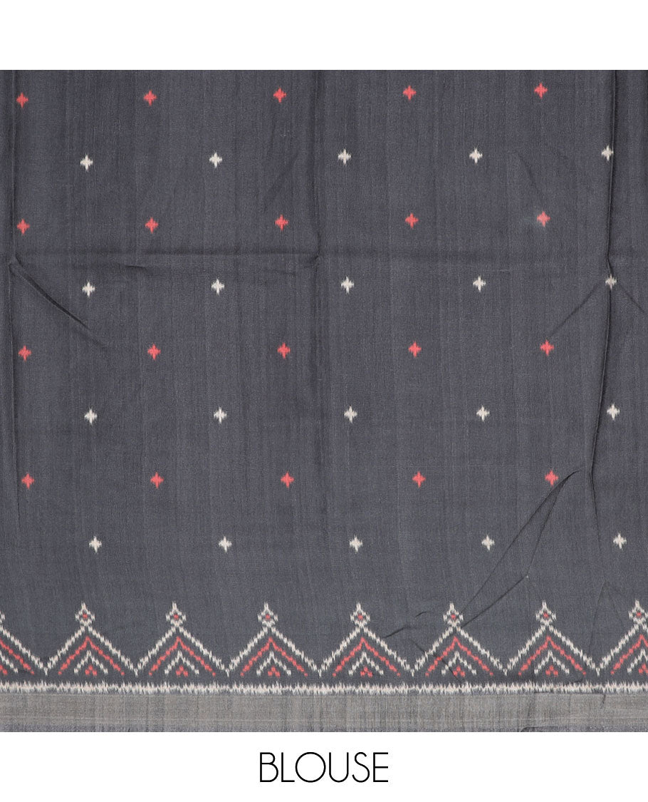 Multi-color madhubani-style floral & peacock printed semi-banaras dola saree, contrast ikkat black border