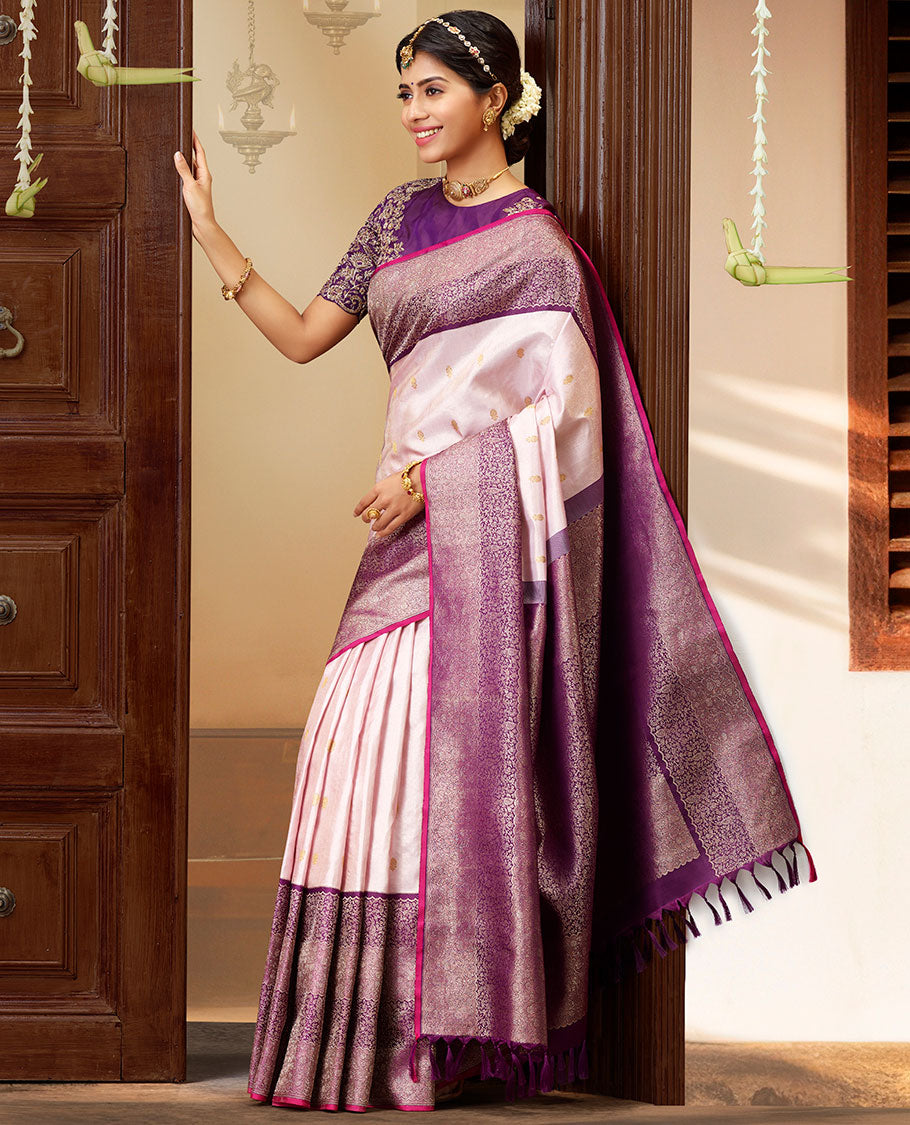 Pink silk saree with zari buttas, contrast zari border pallu features intricately woven floral vine designs