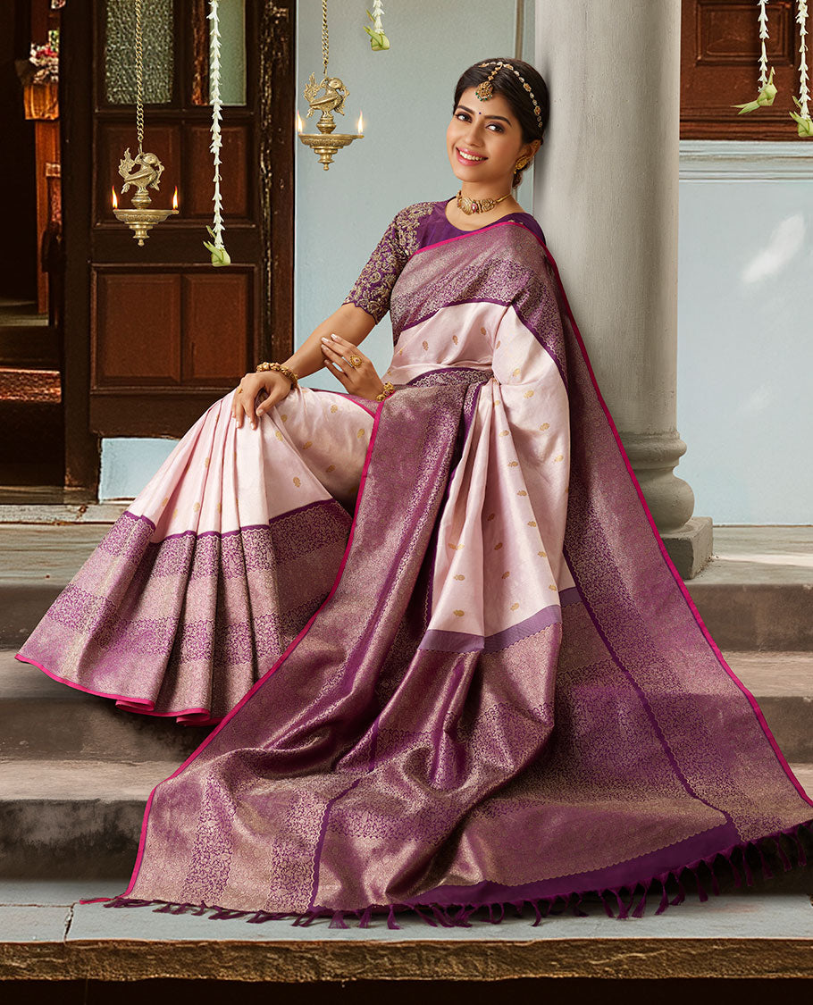 Pink silk saree with zari buttas, contrast zari border pallu features intricately woven floral vine designs