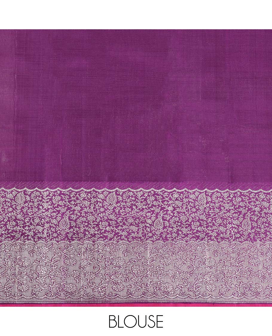Pink silk saree with zari buttas, contrast zari border pallu features intricately woven floral vine designs