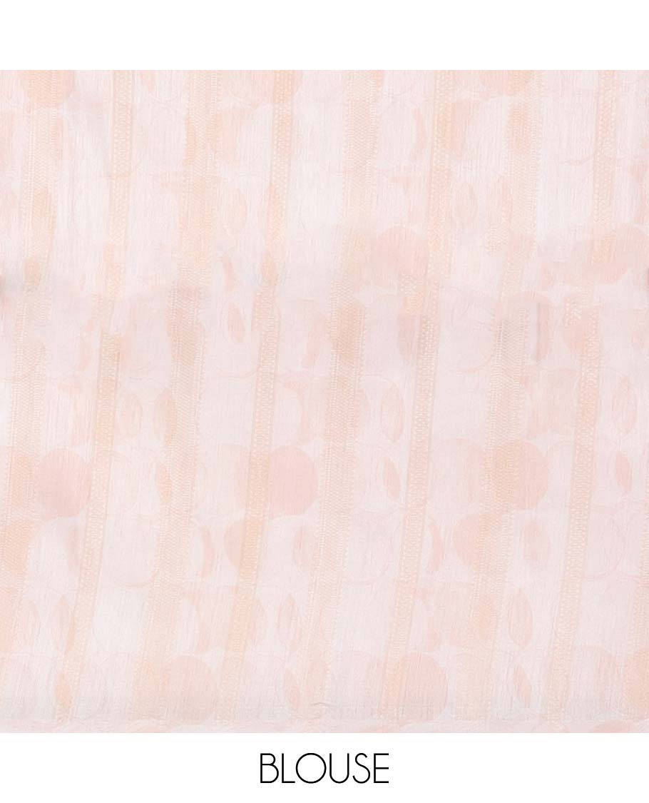 Light sandal paisley printed semi-banaras tissue saree, contrast border & pallu features floral vine print