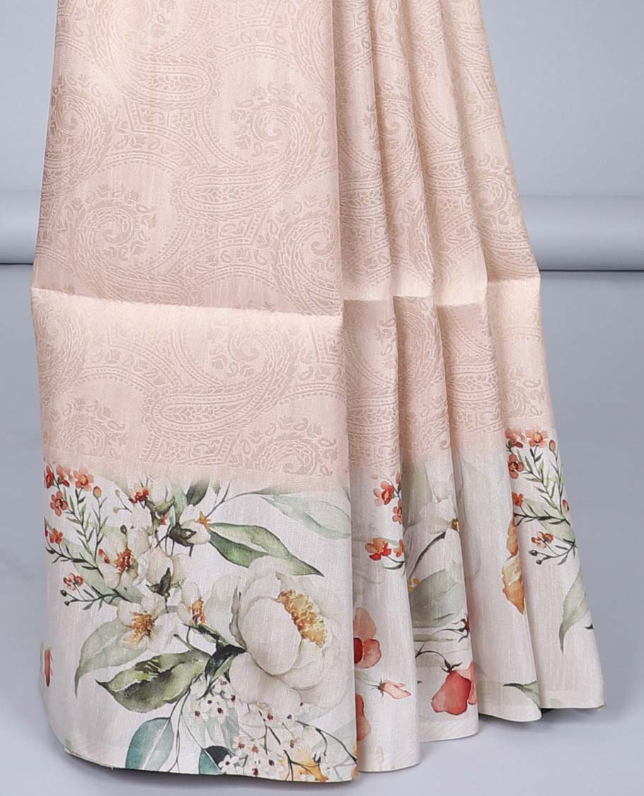 Light sandal paisley printed semi-banaras tissue saree, contrast border & pallu features floral vine print