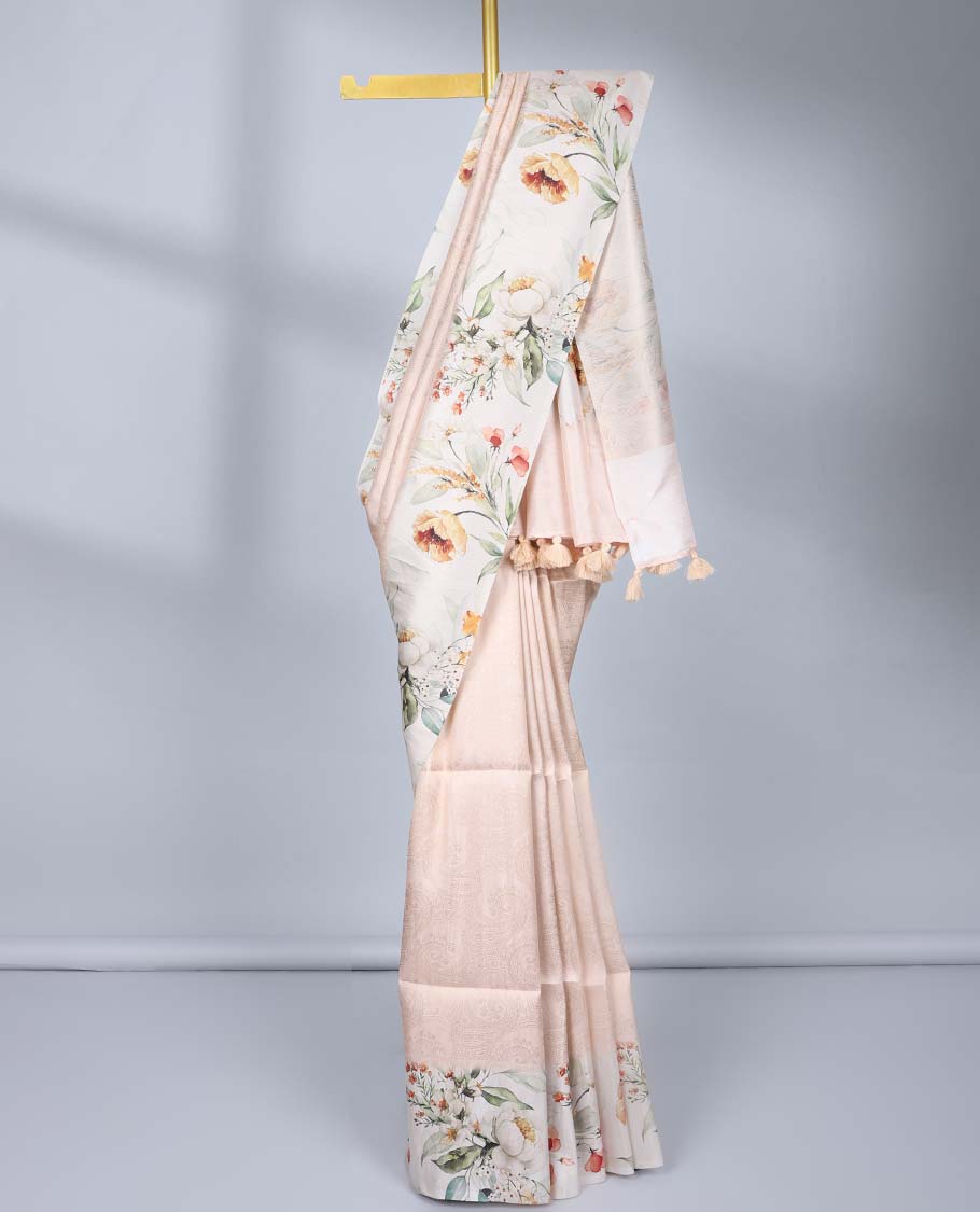 Light sandal paisley printed semi-banaras tissue saree, contrast border & pallu features floral vine print