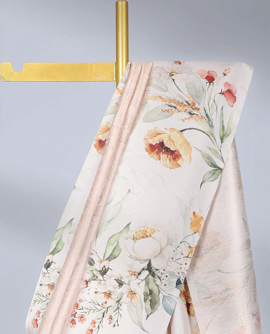 Light sandal paisley printed semi-banaras tissue saree, contrast border & pallu features floral vine print