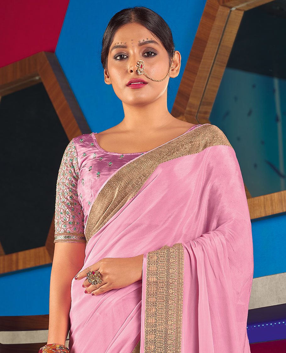 Pink plain semi-crepe designer catalog saree, intricate design border & pallu of stripes