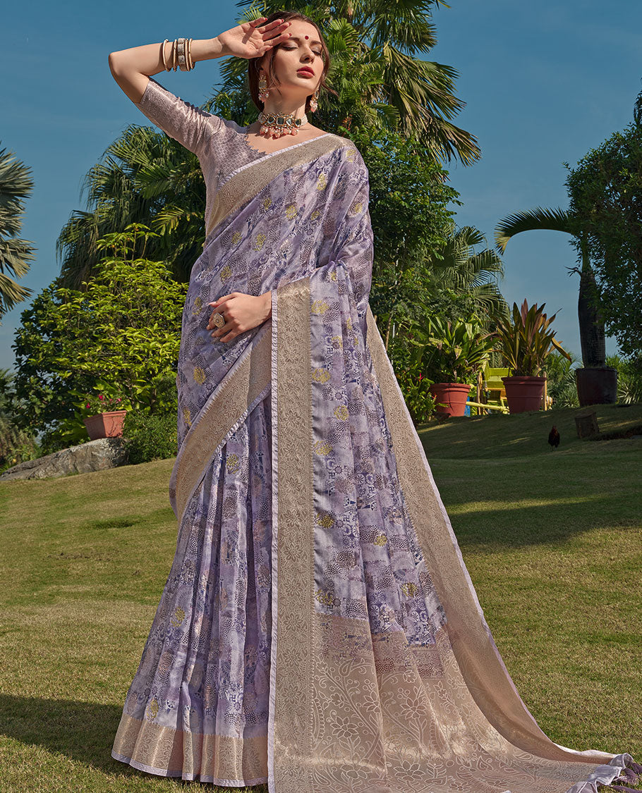 Eggplant Lavender Color All Over Design Circle Deisgn Tussar Saree With Embroitery Border and Blouse