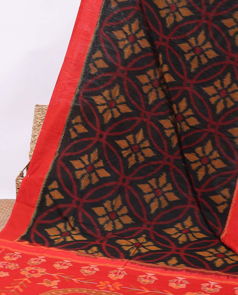 Black flower design ikkat cotton saree, contrast border & pallu with intricate design