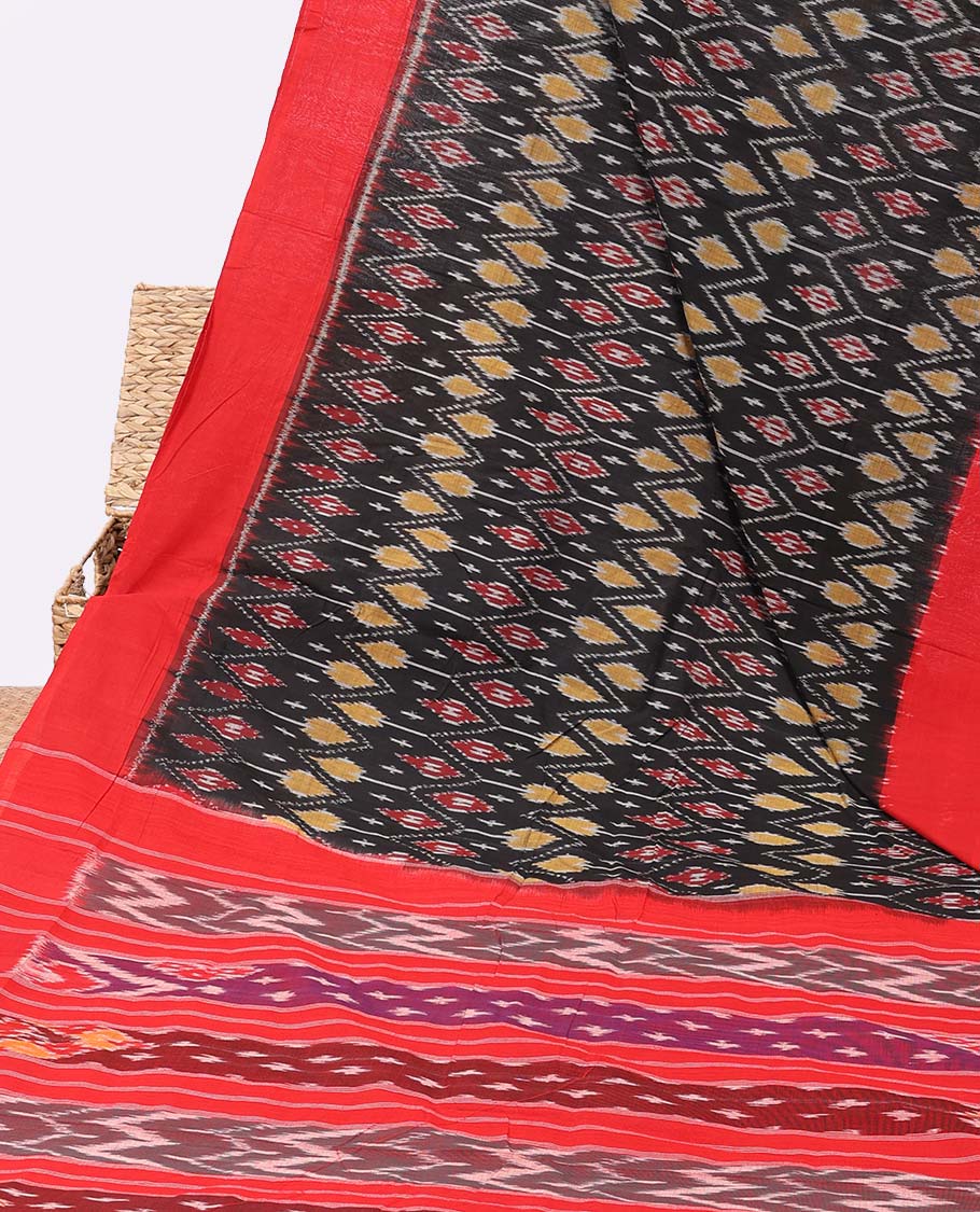 Black intricately designed ikkat cotton saree, contrast border & ikkat design pallu
