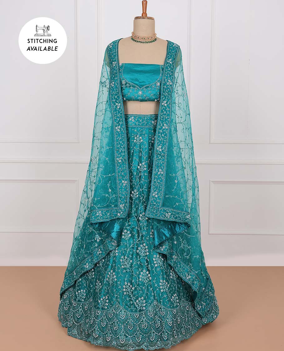Blue net lehenga, floral vine stone embroidered skirt, stone embroidered top & floral vine embroidered net dupatta