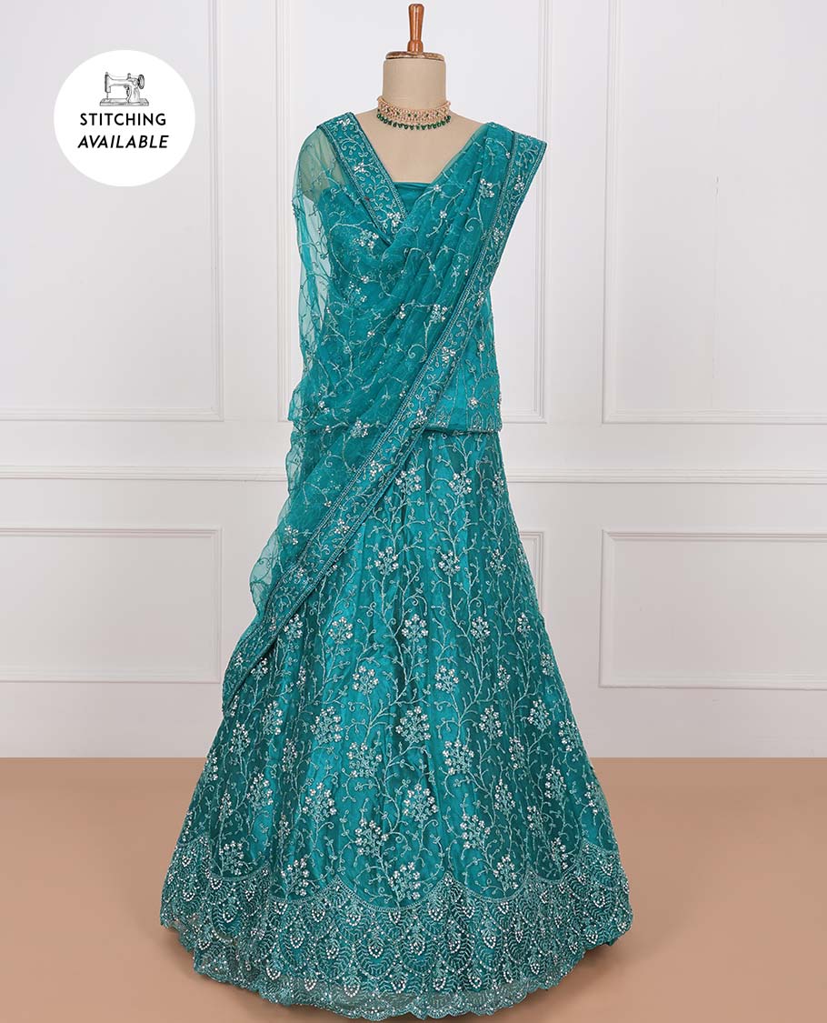 Blue net lehenga, floral vine stone embroidered skirt, stone embroidered top & floral vine embroidered net dupatta