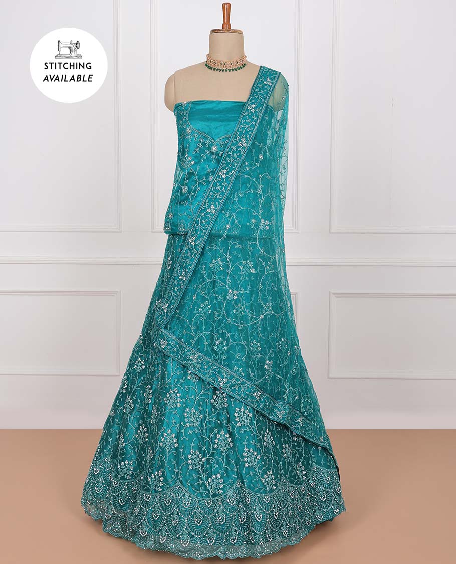 Blue net lehenga, floral vine stone embroidered skirt, stone embroidered top & floral vine embroidered net dupatta
