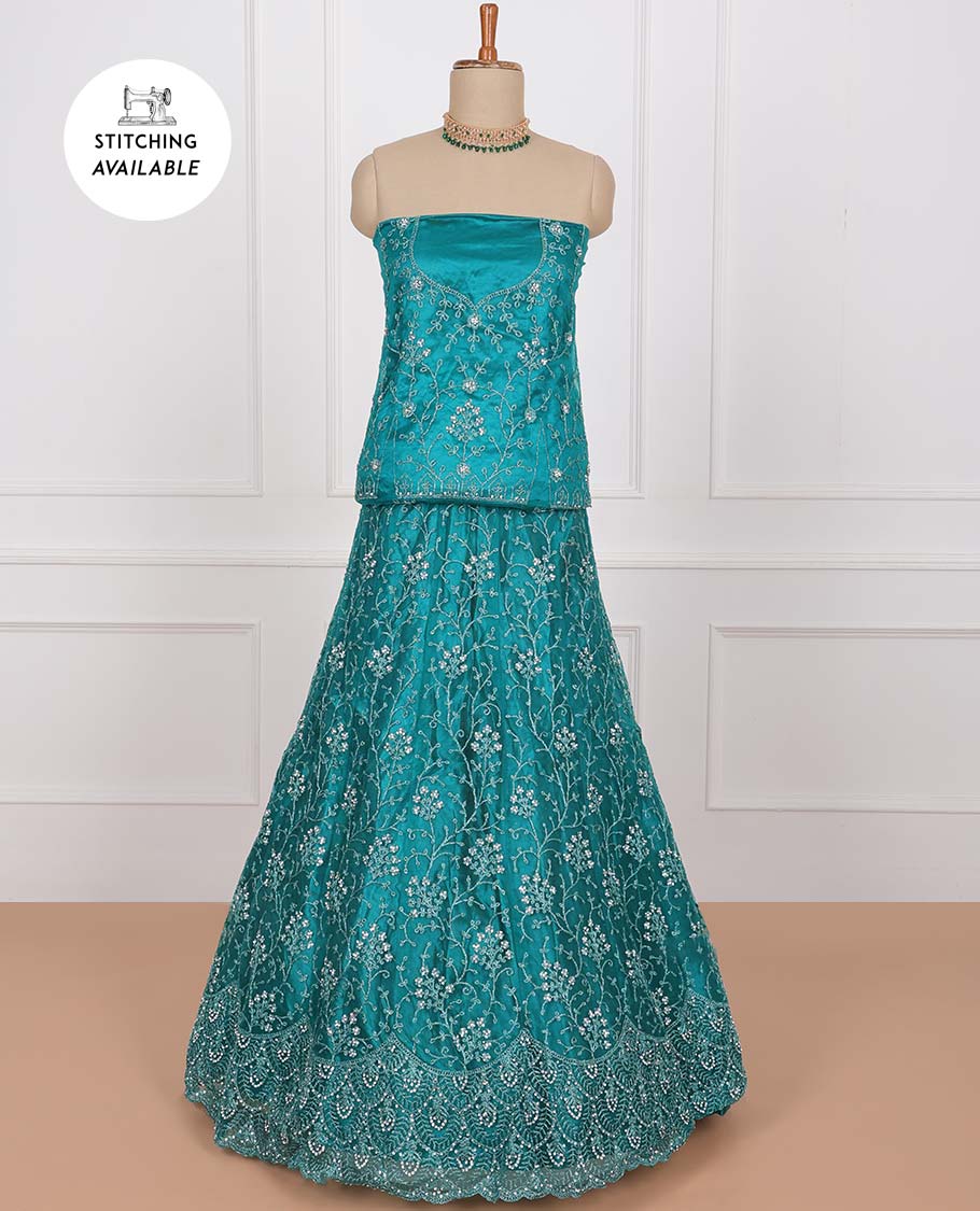 Blue net lehenga, floral vine stone embroidered skirt, stone embroidered top & floral vine embroidered net dupatta