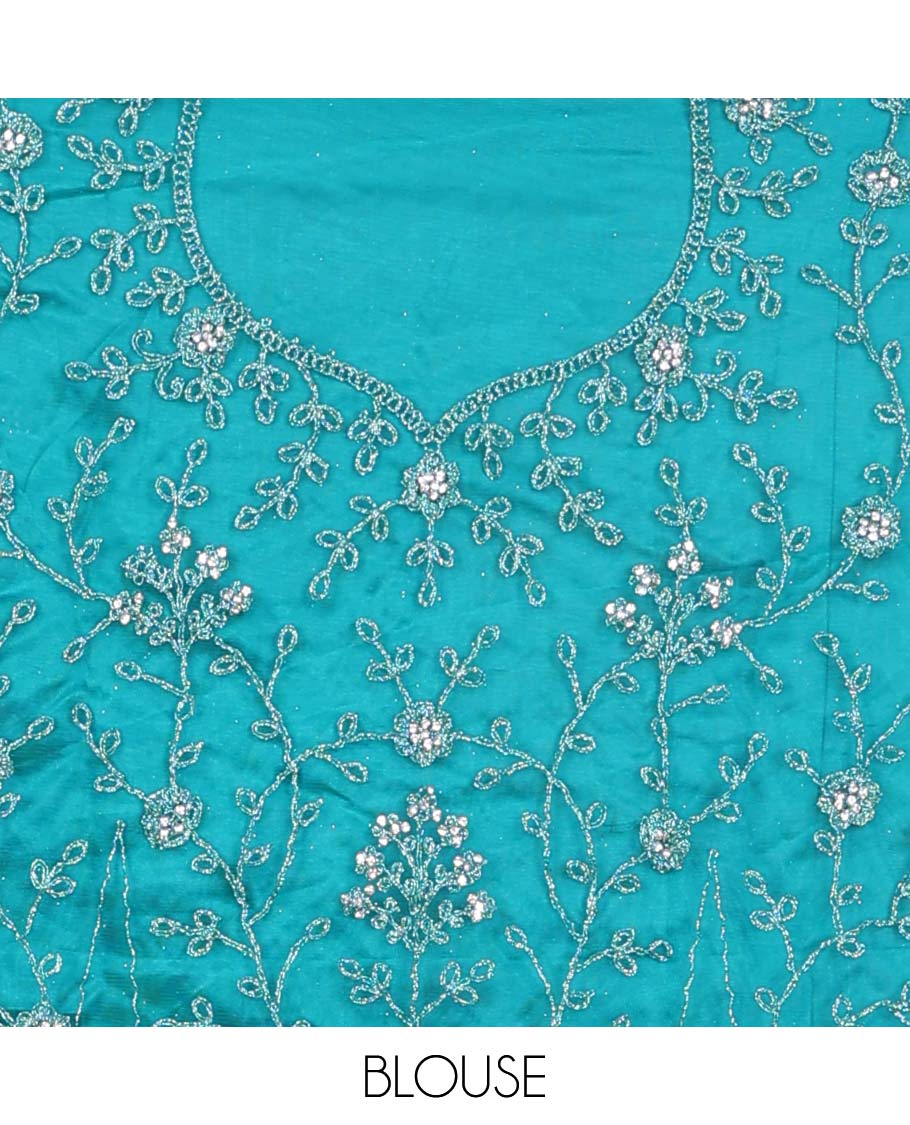 Blue net lehenga, floral vine stone embroidered skirt, stone embroidered top & floral vine embroidered net dupatta