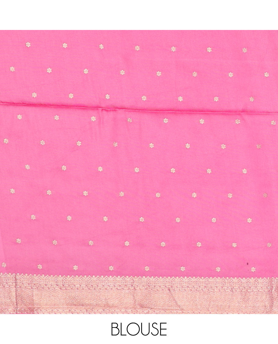 Pink mushru silk saree with buttas, floral motifs border & intricate pallu