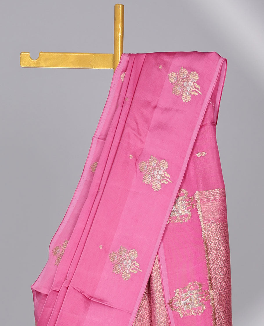 Pink mushru silk saree with buttas, floral motifs border & intricate pallu
