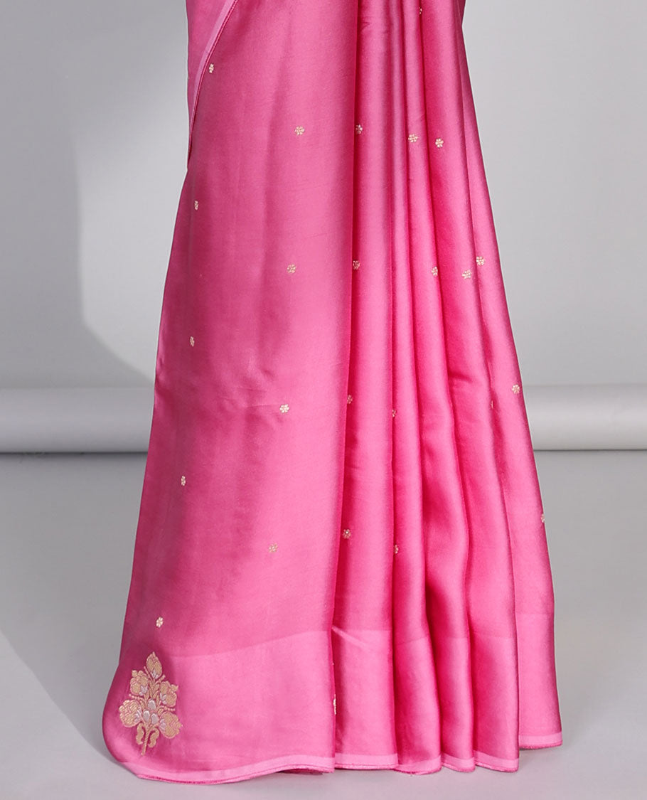Pink mushru silk saree with buttas, floral motifs border & intricate pallu