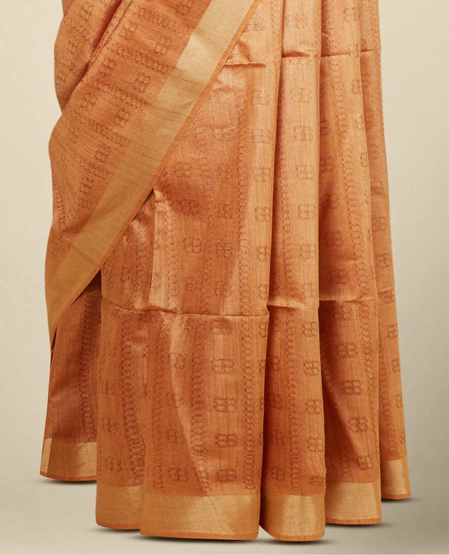 Orange unique motifs tusser silk saree, plain border