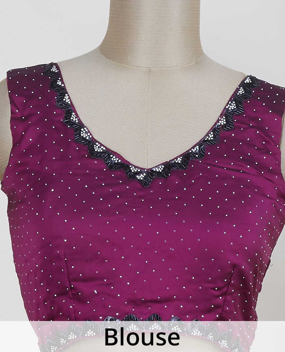 Purple stone embroidered sleeveless leaf-neck readymade saree with belt