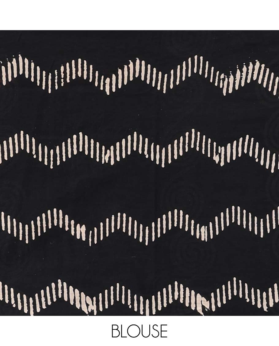 Black linen cotton saree with buttas, floral vine printed border & pallu of geometric & floral print