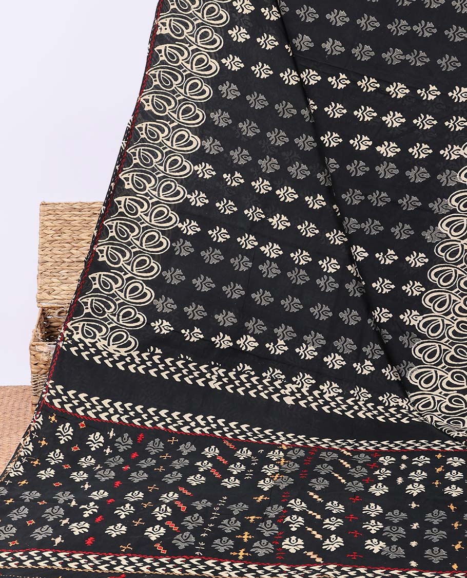 Black unique motifs printed linen cotton saree, self-border & pallu of unique print