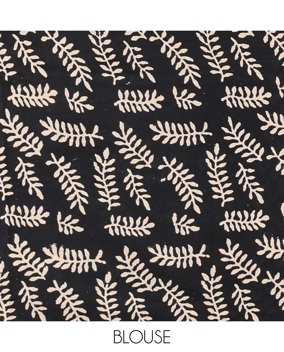 Black unique motifs printed linen cotton saree, self-border & pallu of unique print