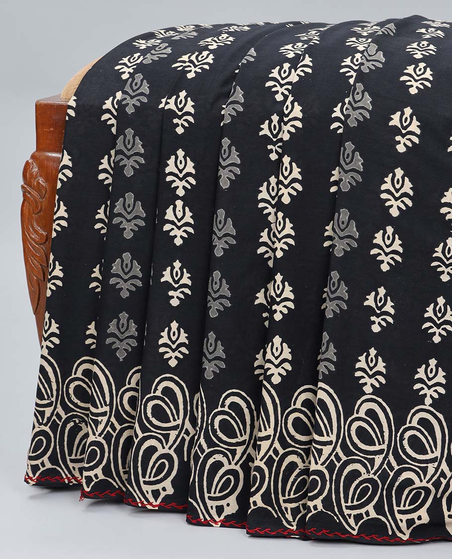 Black unique motifs printed linen cotton saree, self-border & pallu of unique print