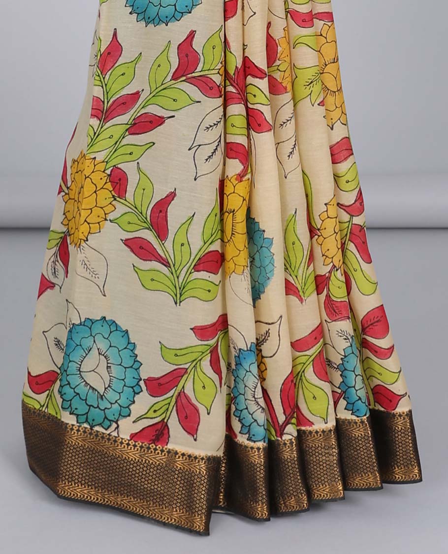 Cream floral vine hand-painted pen kalamkari silksaree, contrast traditional border & fauna & human motif pallu