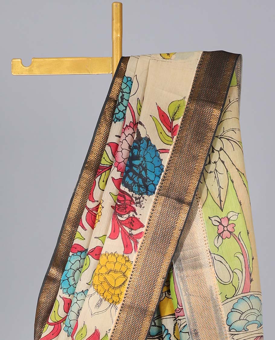 Cream floral vine hand-painted pen kalamkari silksaree, contrast traditional border & fauna & human motif pallu
