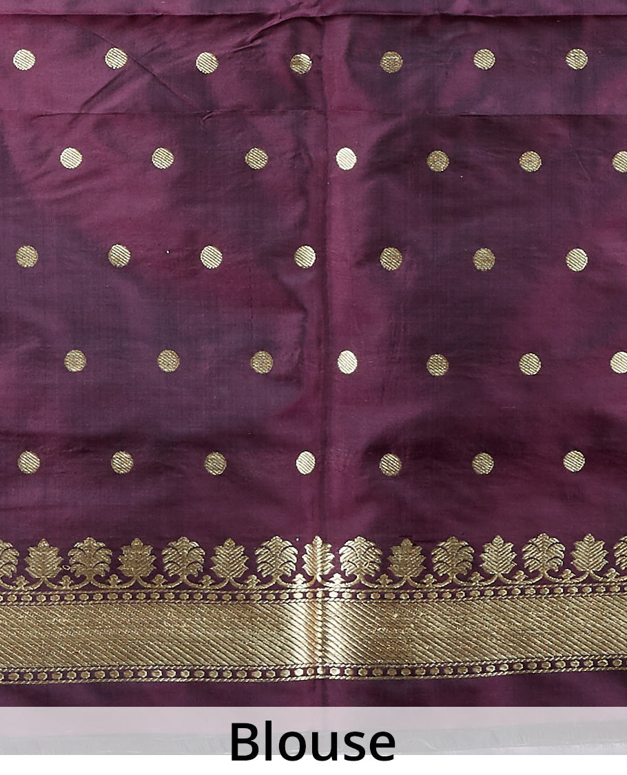 Maroon banaras kathaan silk saree with pichwai cow buttas, contrast traditional zari design border